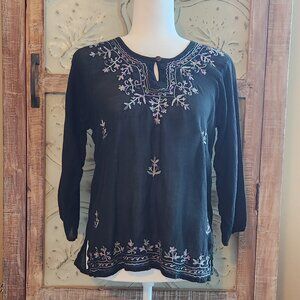 Black Embroidered Peasant Blouse | Medium